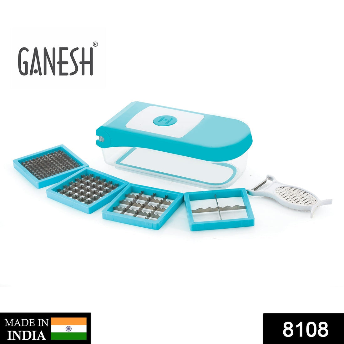 Ganesh 7-in-1 plastic vegetable dicer in blue, shown from different angles.