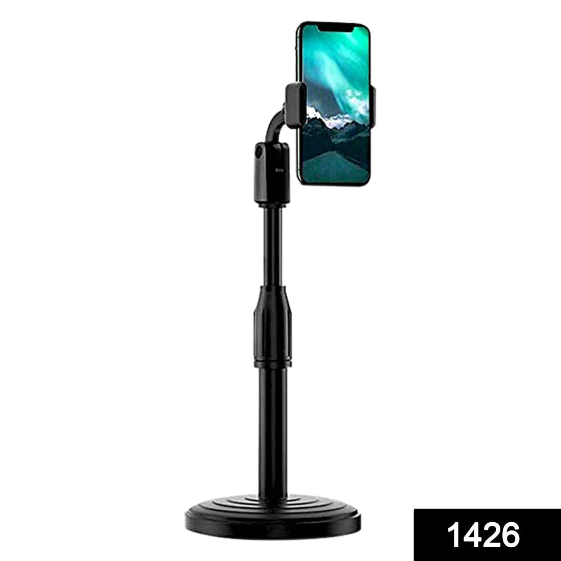 Desktop mobile stand, height adjustable, ideal for hands-free phone usage on tables.
