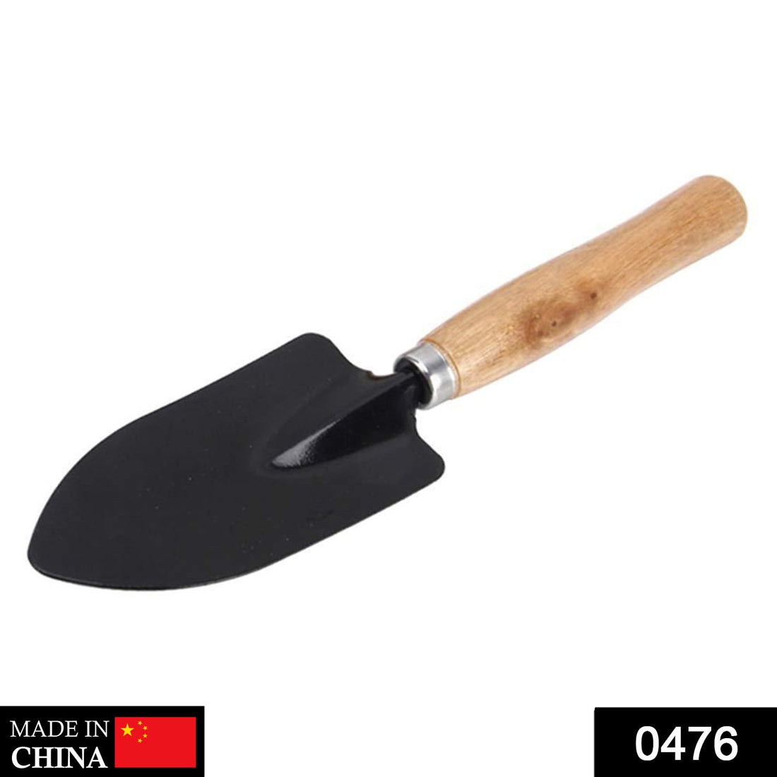 Steel hand trowel for gardening, black handle.