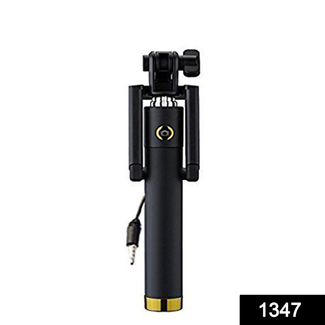 Compact selfie stick for smartphones with aux wire.