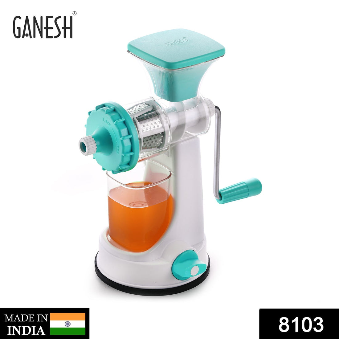 Ganesh Kitchenware plastic hand juicer, multicolour, random colors including green, blue, red, orange, various angles.