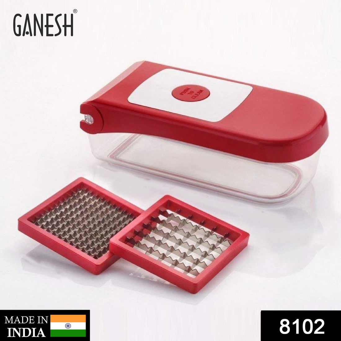 Ganesh plastic chopper, red, for vegetables and fruits, shown from various angles.