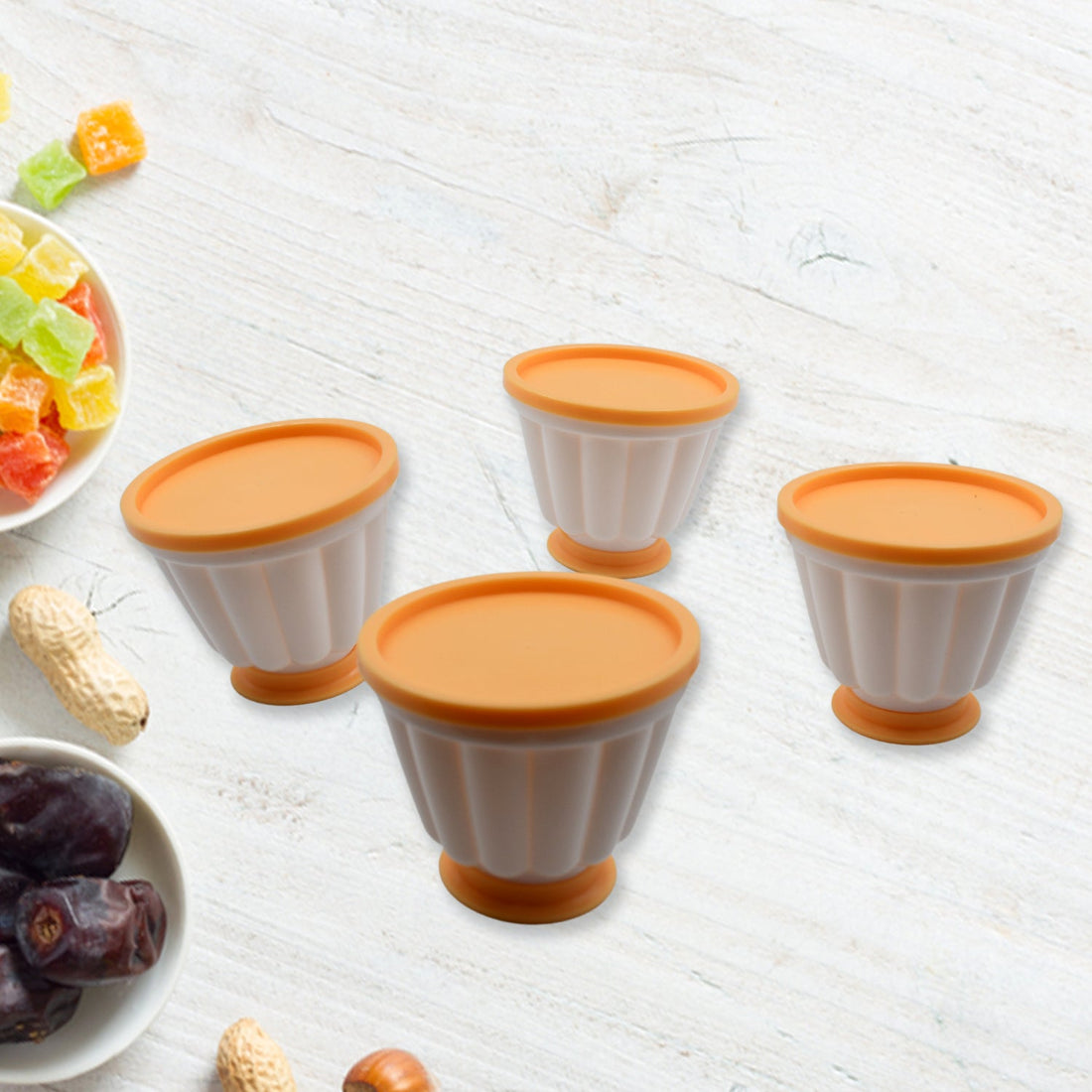 Plastic cups with lids for making various desserts.