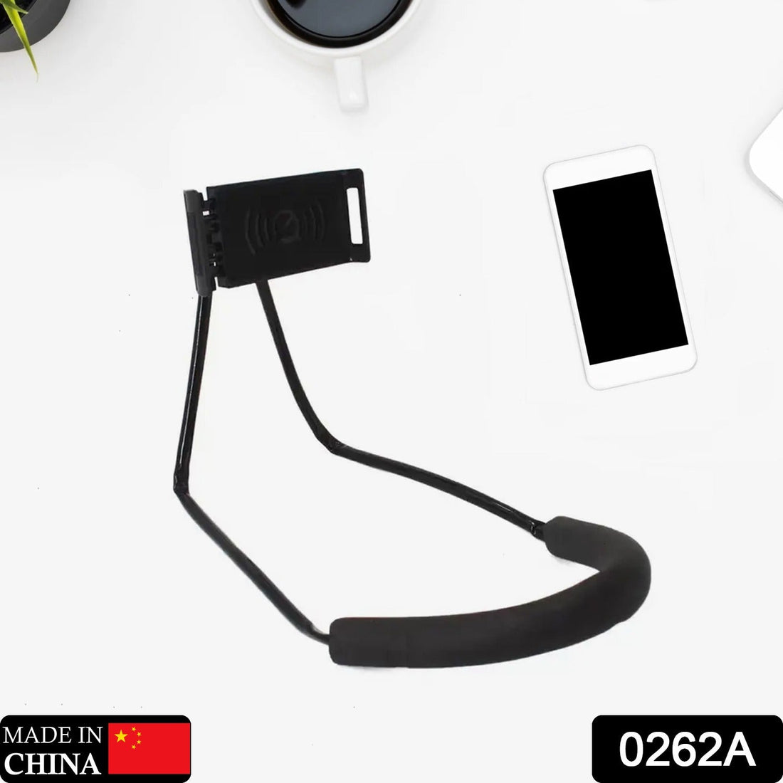 Flexible mobile phone stand with long arms, designed for neck use.