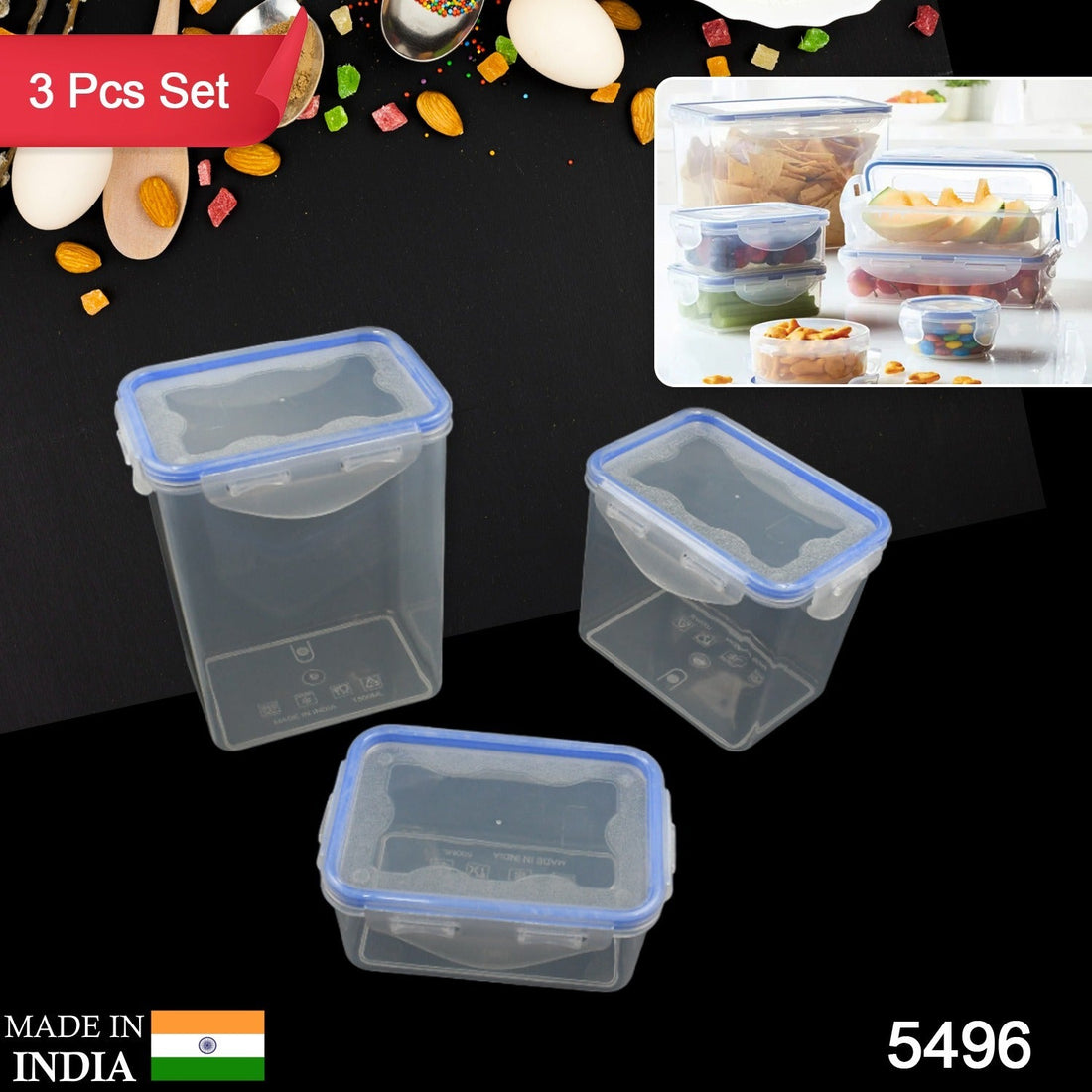 Food storage container set, 3 pieces with air seal lids.