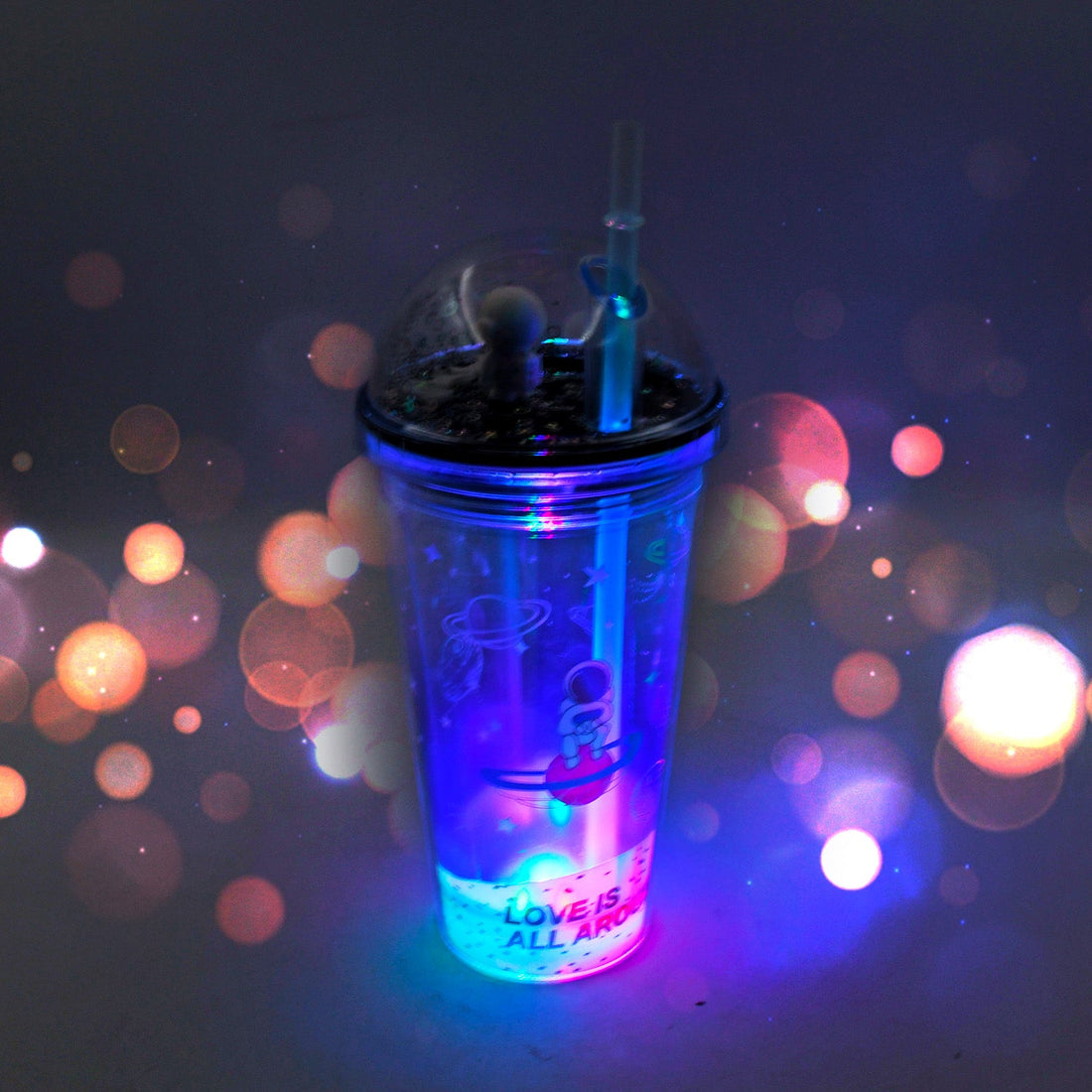 Space-themed insulated tumbler with LED light, straw included