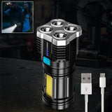 Multifunctional Strong 4 LED Torch Light, Portable Rechargeable Flashlight Long Distance Beam Range 800 Lumens COB Light 4 Mode Emergency for Hiking, Walking, Camping (4 LED Torch)