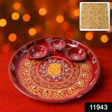 Hand-painted Decorative Pooja Thali With Ganesha Motif And Diyas