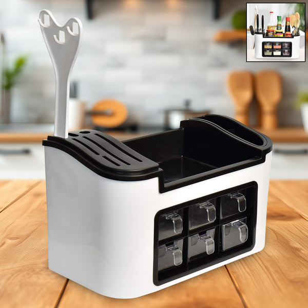 Multifunctional Kitchen Storage Organizer Rack With 6 Spice Containers Knife  Spoon Holder And Top Shelf