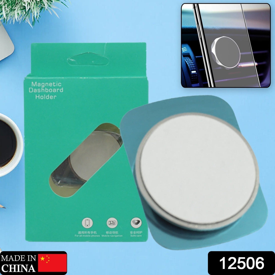 Mini magnetic car phone holder with metal body.