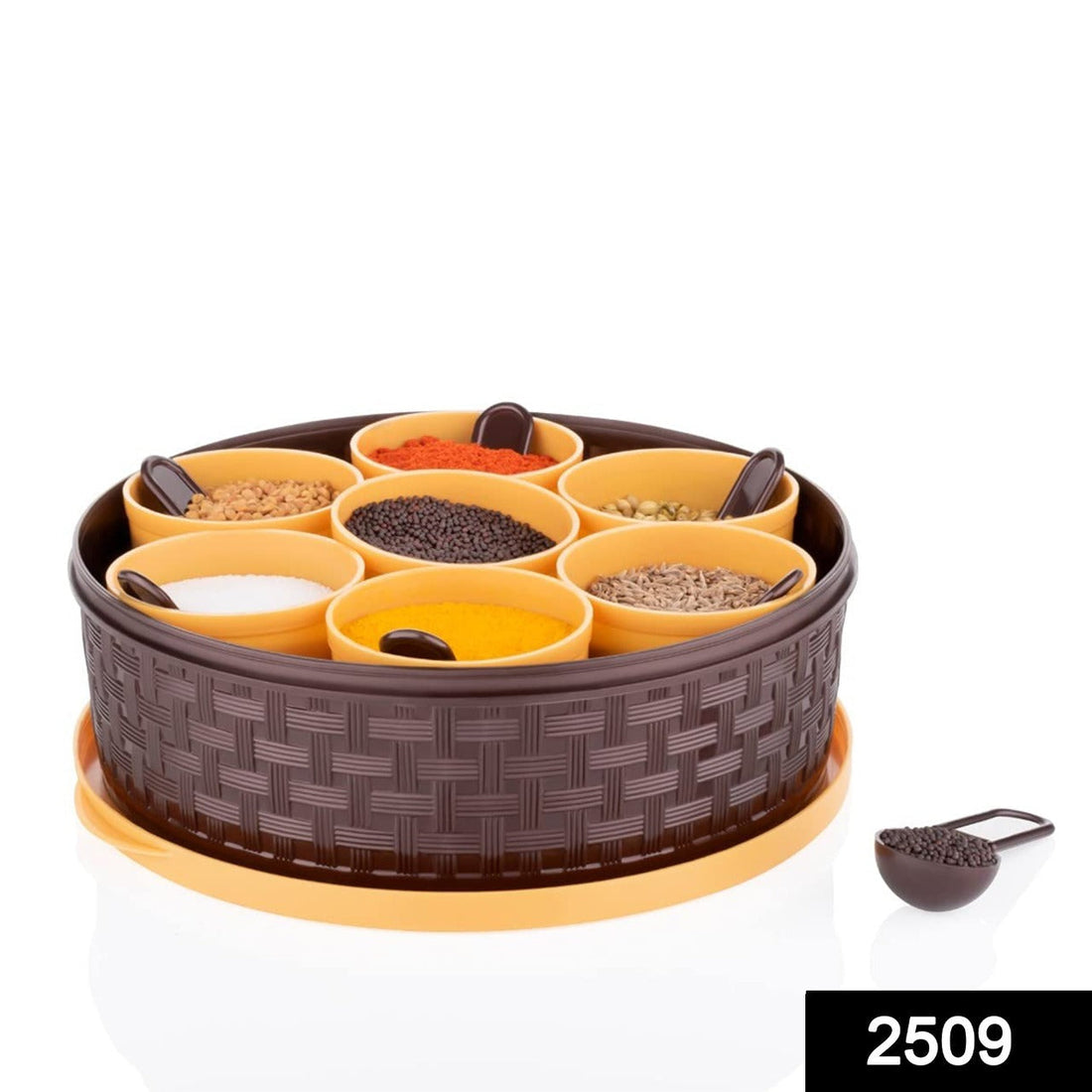 Round spice box with several compartments for organized storage